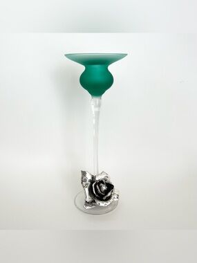 Vintage Italian Green Glass Pillar Candle Holder Metal Rose Flower Accent 10"